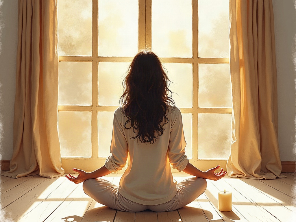 A woman sitting in stillness during an ancestral wound healing meditation session, bathed in warm morning light