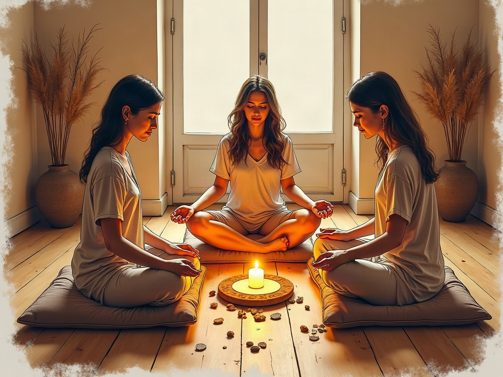 A woman sitting in stillness during an ancestral wound healing meditation session, bathed in warm morning light