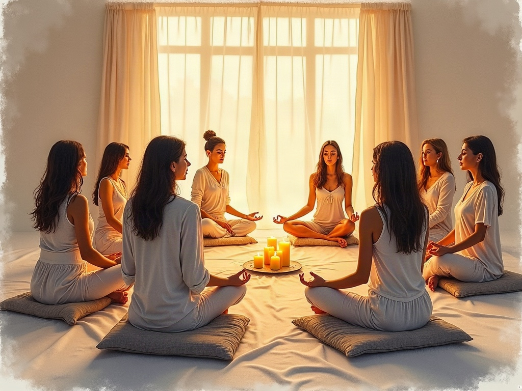 Women gathered in a circle during a live healing workshop for women, bathed in warm candlelight and afternoon sunlight in a serene indoor space — a live spiritual healing workshop for women in action